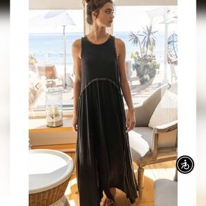 604-POL Black Sleeveless Dress with Lace Trim